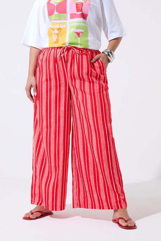 LIMITED COLLECTION Plus Size Red Striped Crinkle Wide Leg Trousers | Yours Clothing 1