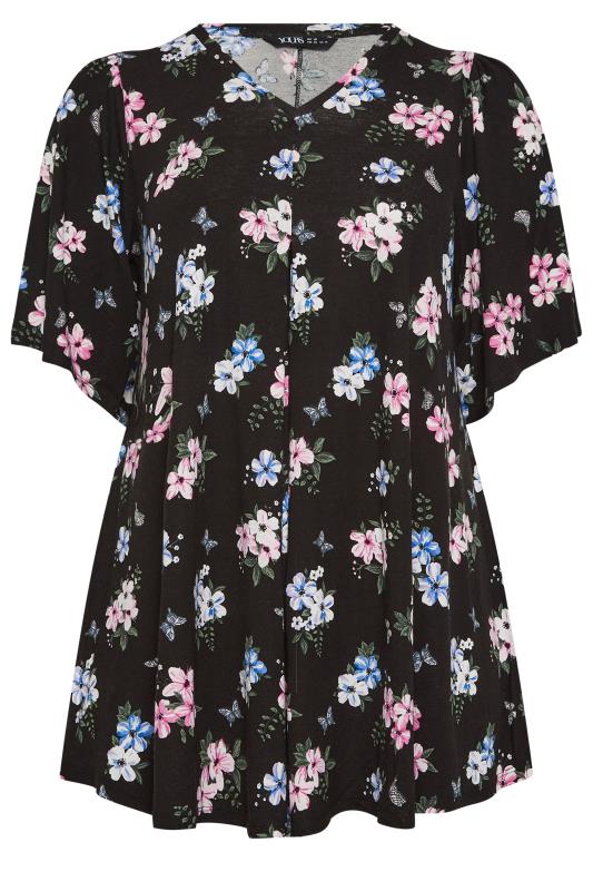 YOURS Curve Plus Size Black Floral Angel Sleeve Top | Yours Clothing  6