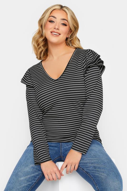 YOURS PETITE Plus Size Curve Black Stripe Frill Shoulder Top | Yours Clothing  1