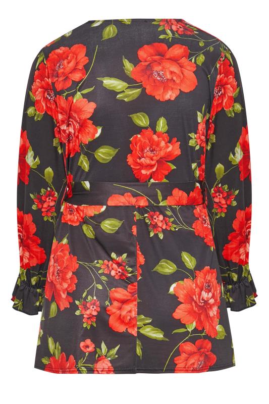 YOURS LONDON Curve Black & Red Floral Wrap Top 8