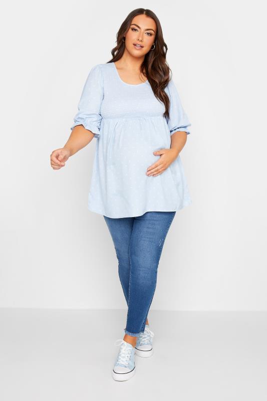 BUMP IT UP MATERNITY Plus Size Light Blue Polka Dot Shirred Top | Yours Clothing 2