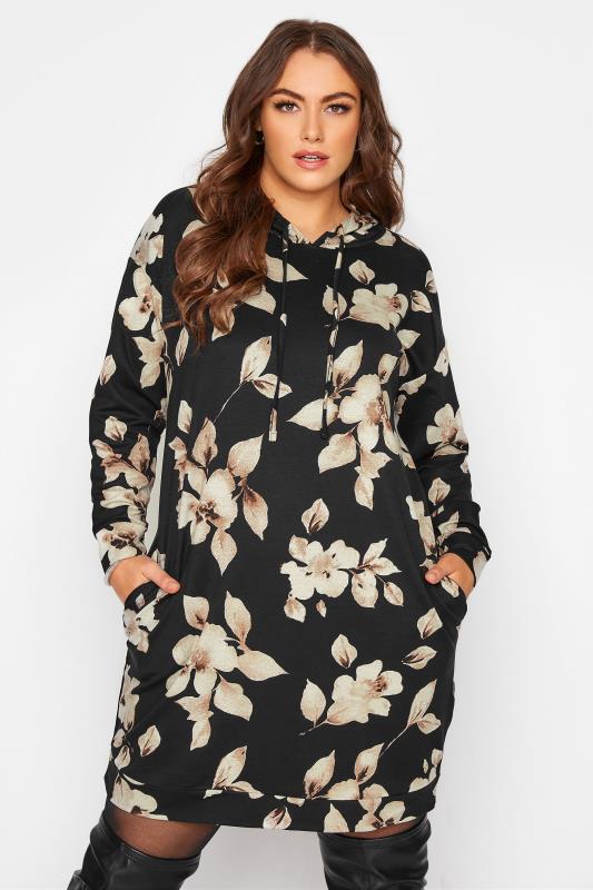 Plus Size Black Floral Hoodie Dress | Yours Clothing 1