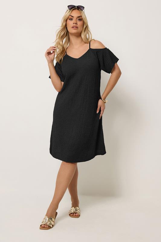 YOURS Plus Size Black Texture Cold Shoulder Dress | Yours Clothing 1