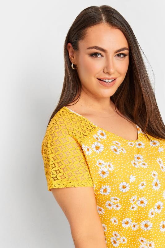 Plus Size Yellow Daisy Floral Print Lace Detail Bubble Hem T-Shirt | Yours Clothing 4