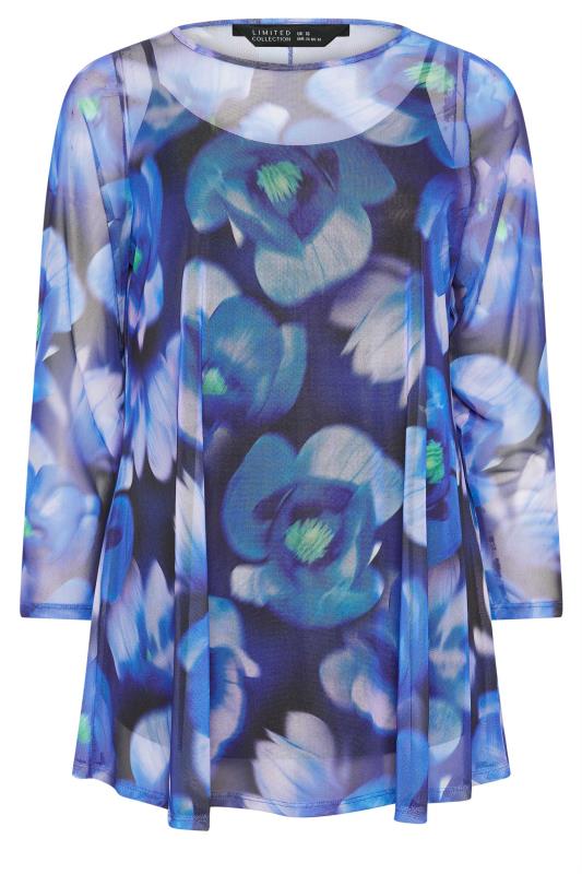 LIMITED COLLECTION Plus Size Blue Floral Print Mesh Swing Top | Yours Clothing 5