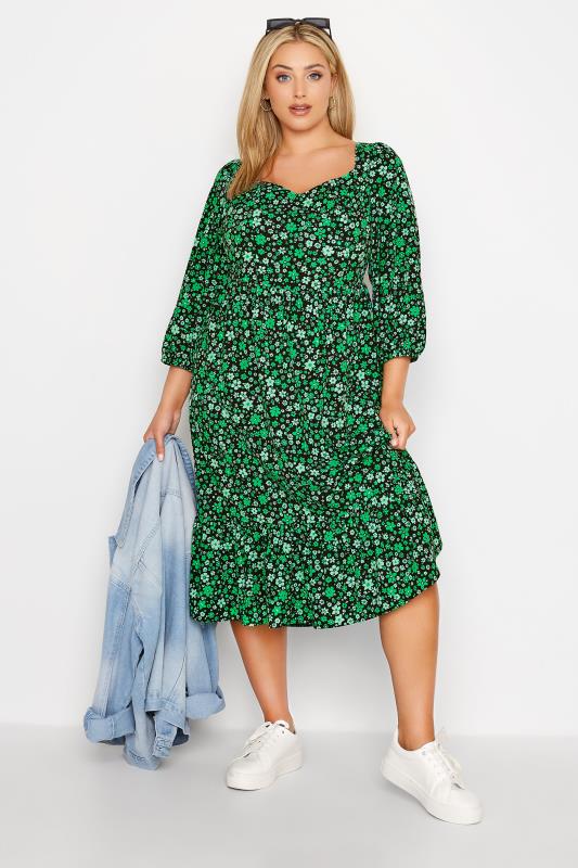 Plus Size Black & Green Floral Smock Midi Dress | Yours Clothing  2