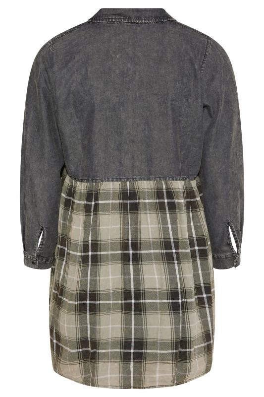 Plus Size Grey & Green Check Print Peplum Denim Shirt | Yours Clothing 7