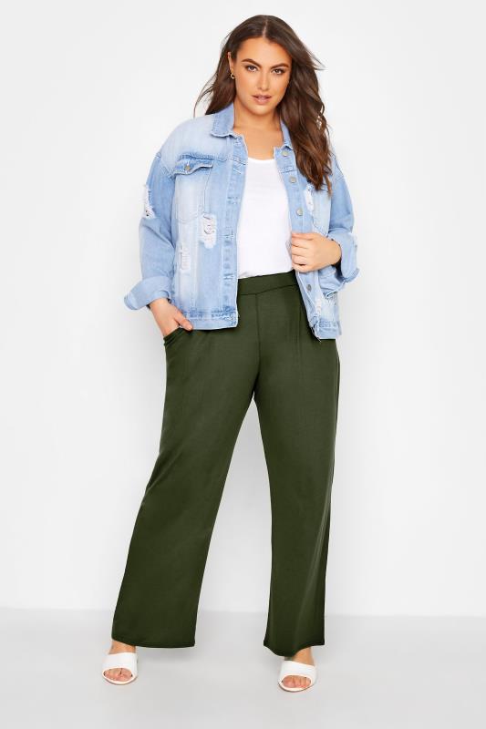 YOURS Curve Plus Size Khaki Green Pleated Wide Leg Trousers | Yours Clothing 3