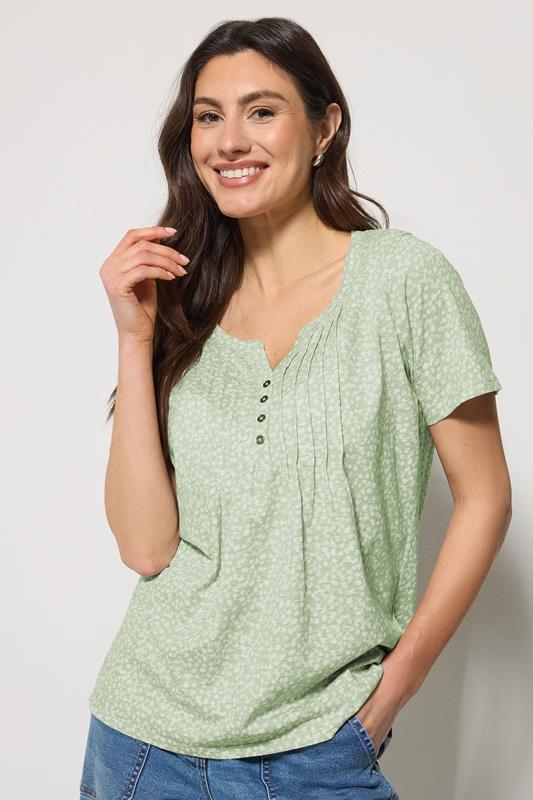  M&Co Top à col tunisien en coton vert sauge à petites fleurs