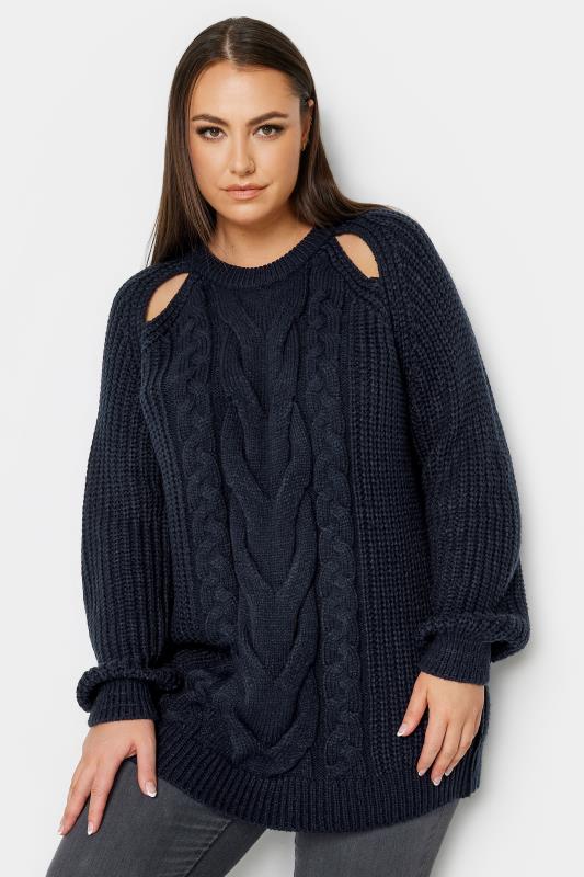 YOURS Plus Size Navy Blue Cable Knit Cut Out Jumper | Yours Clothing 2