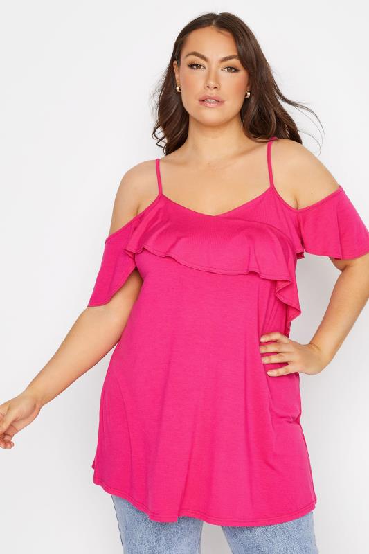 Plus Size Hot Pink Frill Cold Shoulder Top | Yours Clothing 1