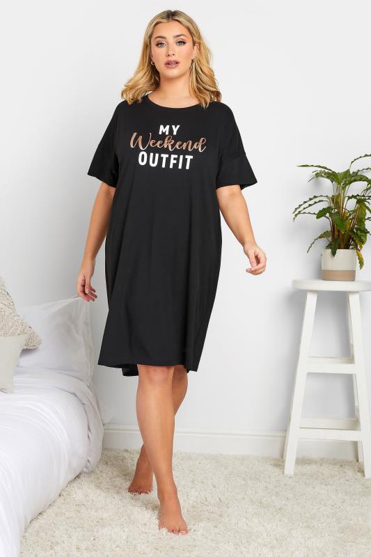 YOURS Curve Black 'My Weekend Outfit' Sleep Tee Nightdress | Yours Clothing  2