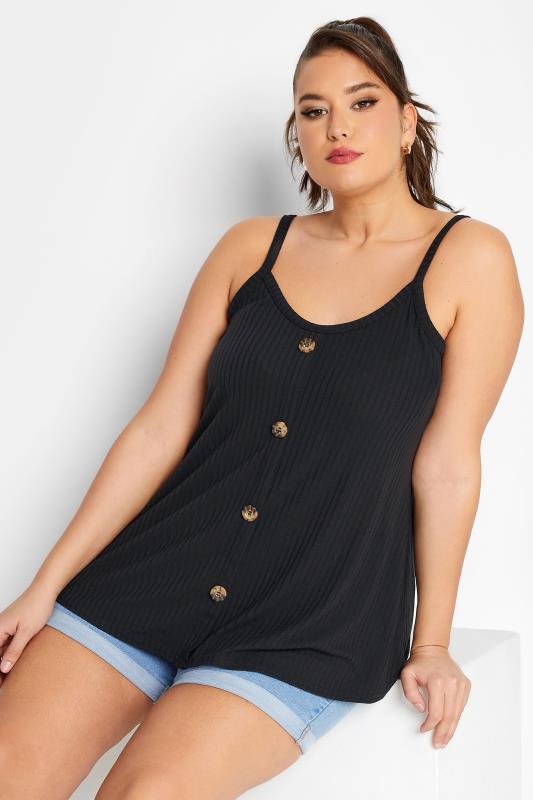 LIMITED COLLECTION Plus Size Black Ribbed Button Cami Vest Top | Yours Clothing 1