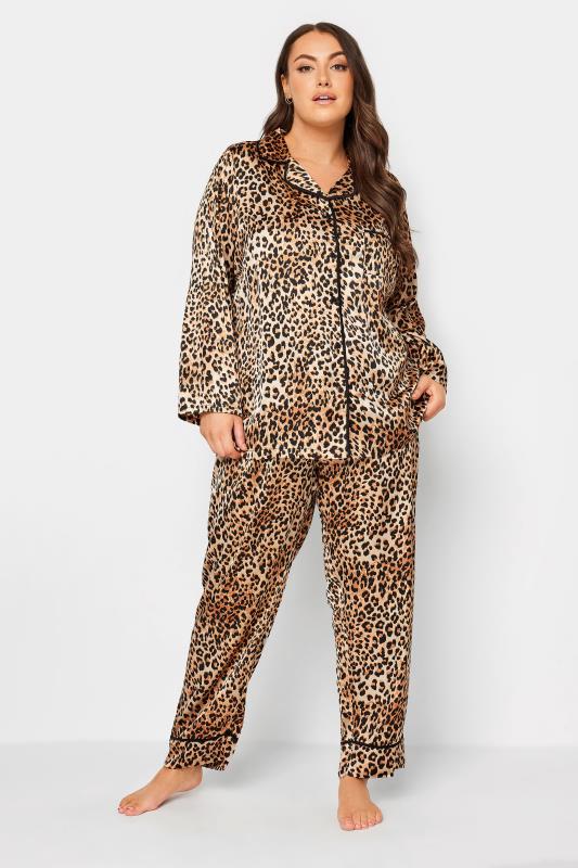 YOURS Plus Size Brown Leopard Print Satin Pyjama Set | Yours Clothing 1