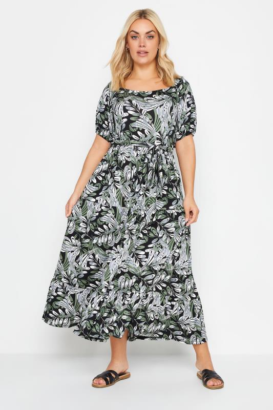 Plus Size  YOURS Curve Green Leaf Print Tiered Maxi Dress