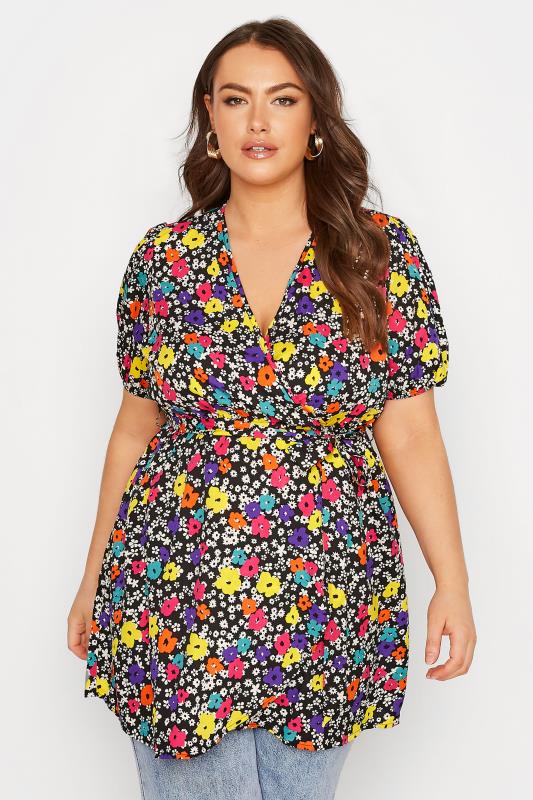 Plus Size Black Floral Puff Sleeve Wrap Top | Yours Clothing  1