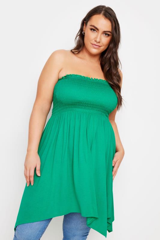 YOURS Plus Size Green Shirred Bandeau Longline Top | Yours Clothing 1