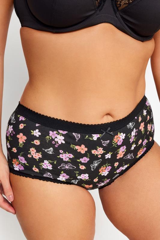 YOURS 5 PACK Plus Size Black & Pink Floral Design High Waisted Full Briefs | Yours Clothing 2
