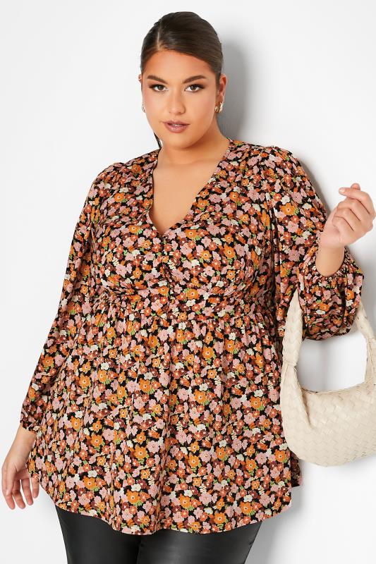 LIMITED COLLECTION Plus Size Womens Curve Orange & Pink Floral Print Blouse 1