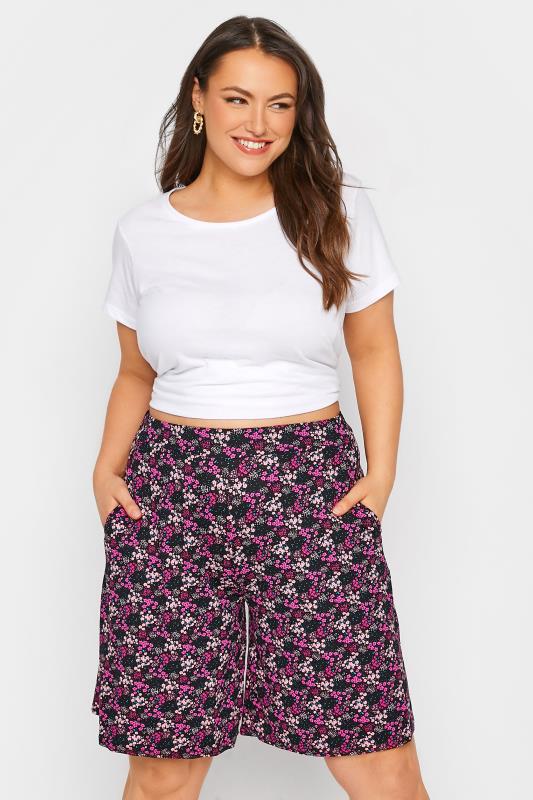 Curve Black & Pink Floral Print Jersey Shorts 1