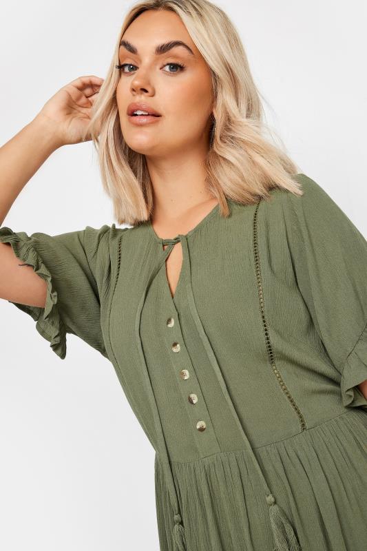 YOURS Plus Size Khaki Green Crinkle Tie Neck Dress | Yours Clothing 4