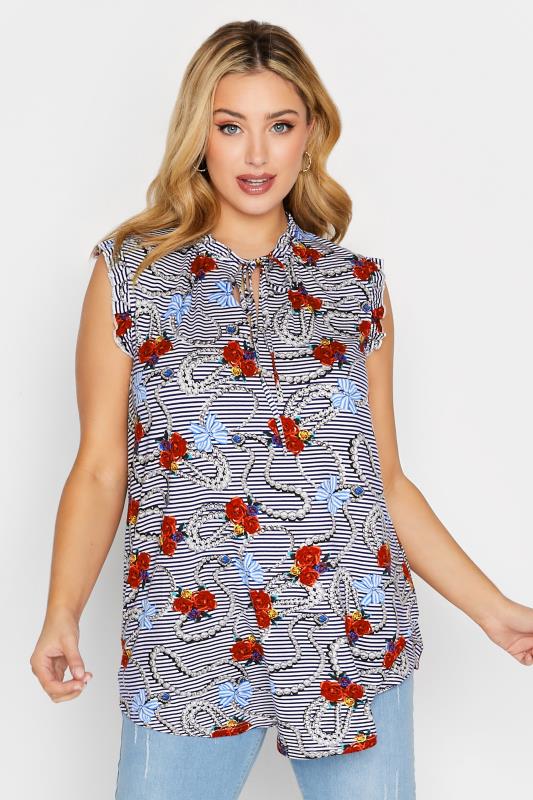 YOURS Plus Size Blue Floral Stripe Print Frill Sleeve Blouse | Yours Clothing 1