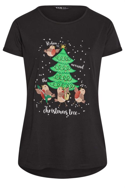 YOURS Plus Size Black 'Robin Around The Christmas Tree' Slogan Christmas T-Shirt | Yours Clothing  6