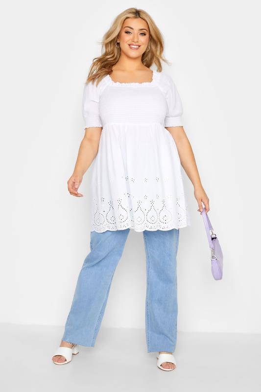 Plus Size White Shirred Broderie Anglaise Top | Yours Clothing 2
