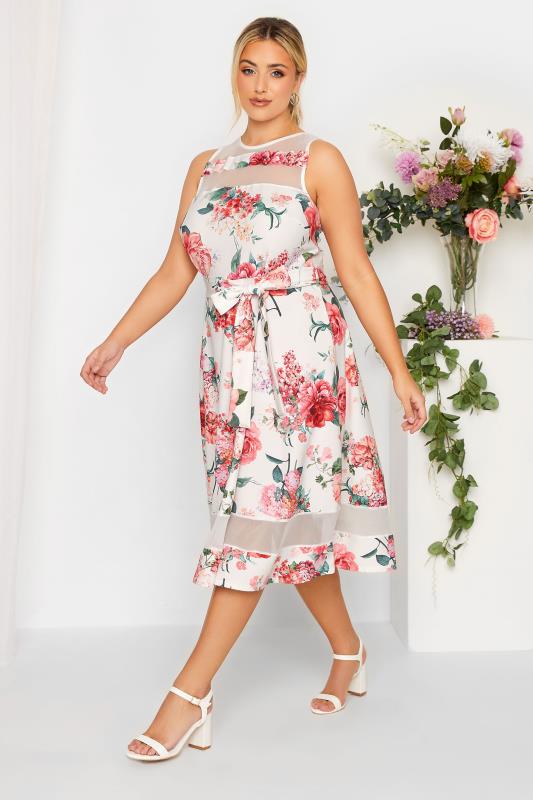 YOURS LONDON Curve Plus Size White & Pink Mesh Floral Skater Dress | Yours Clothing  2