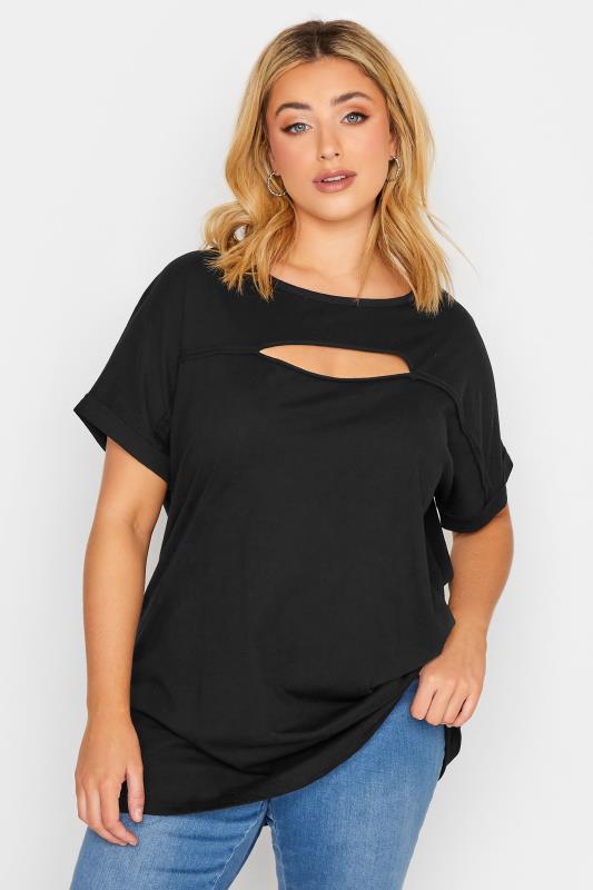 YOURS Plus Size Black Cut Out T-Shirt | Yours Clothing 1