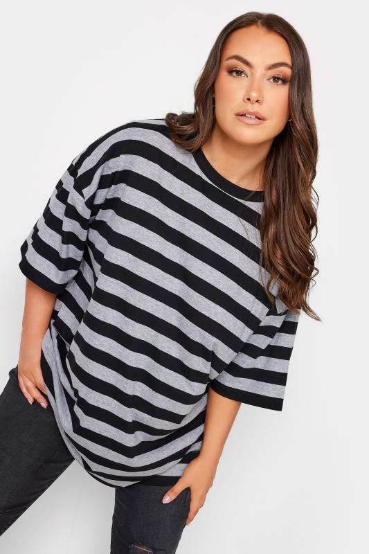 YOURS Plus Size Curve Grey Stripe Oversized Boxy T-Shirt | Yours Clothing  1