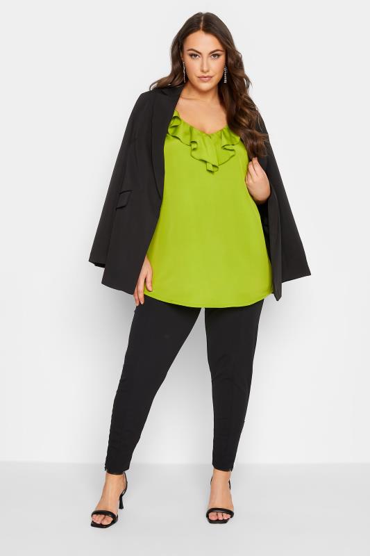 YOURS LONDON Plus Size Green Ruffle V-Neck Vest Top | Yours Clothing 2