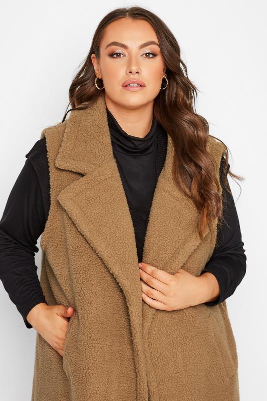 Plus Size Beige Brown Shearling Teddy Maxi Gilet | Yours Clothing 4