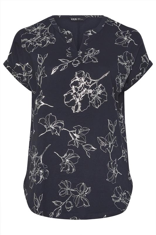 YOURS Plus Size Black Floral Foil Notch Neck Top | Yours Cloting 5