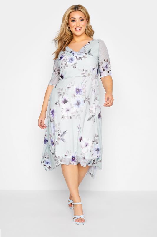 Großen Größen  YOURS LONDON Curve Grey Floral Cowl Neck Midi Dress
