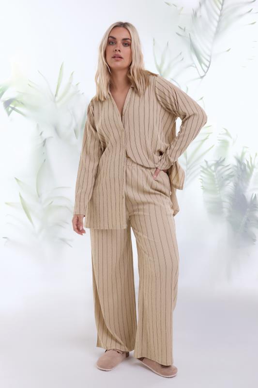  Grande Taille YOURS Curve Natural Brown Textured Pinstripe Wide Leg Trousers