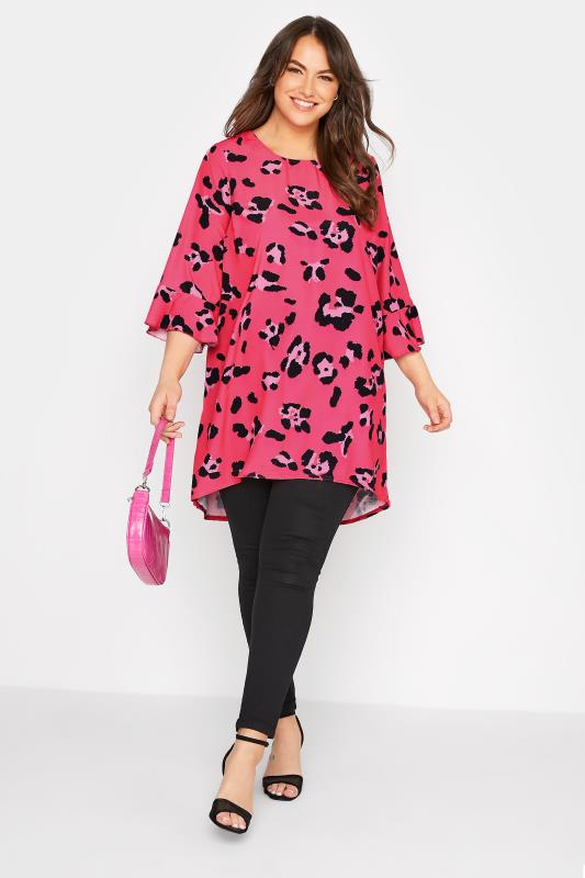 YOURS LONDON Curve Bright Pink Leopard Print Flute Sleeve Tunic Top 2