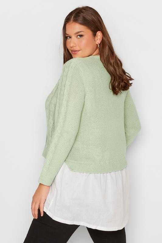 Plus Size Curve Mint Green 2 In 1 Poplin Hem Cable Knitted Jumper | Yours Clothing 3