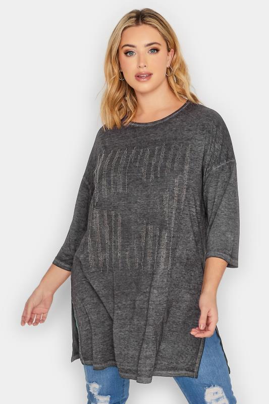 Plus Size Grey Marl Stud Star T-Shirt | Yours Clothing 1