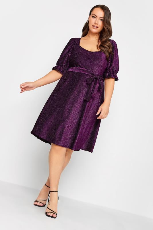 YOURS LONDON Plus Size Purple Glitter Puff Sleeve Midi Dress | Yours Clothing 2