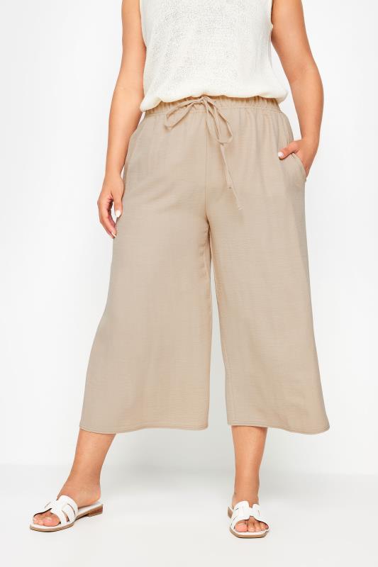 Plus Size  YOURS Curve Beige Brown Linen Look Cropped Trousers