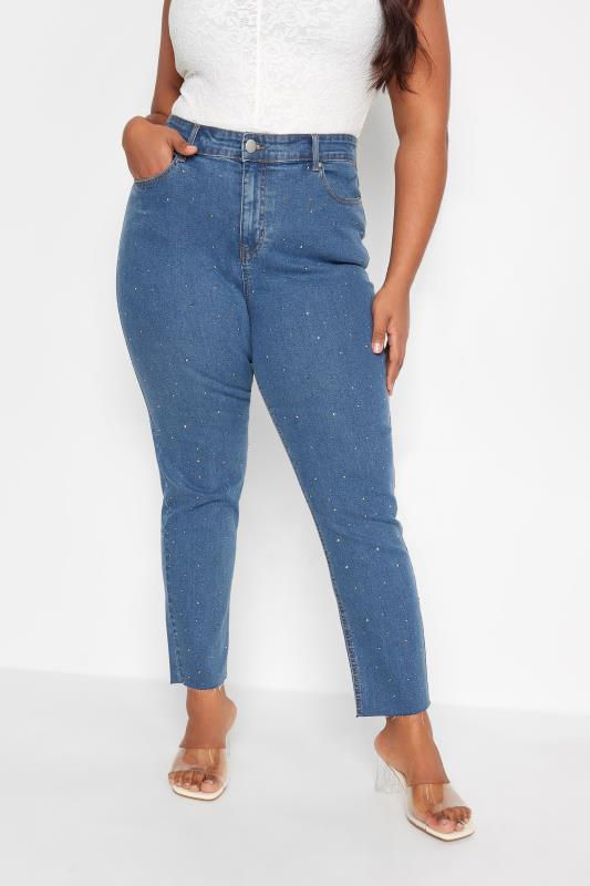 Plus Size Blue Embellished Mom Jeans | Yours Clothing 1