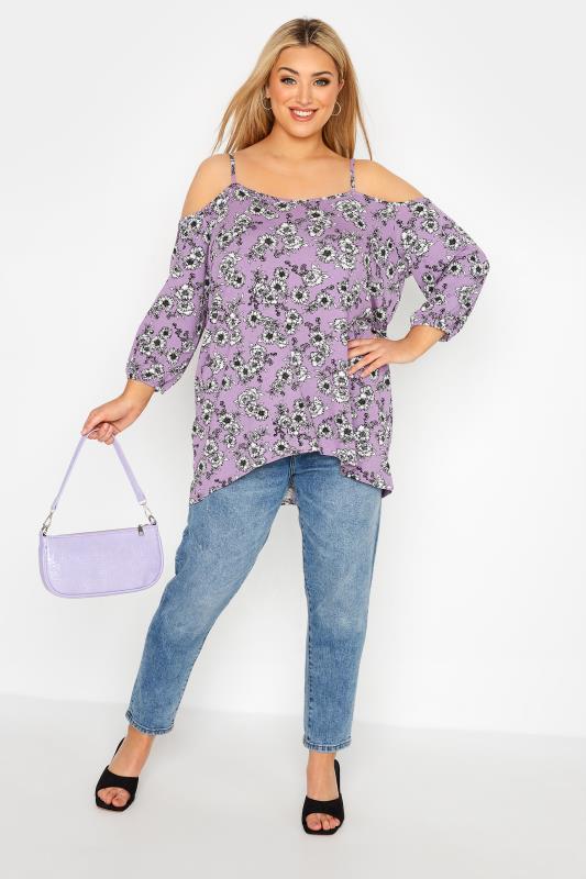 Plus Size Lilac Purple Floral Print Cold Shoulder Top | Yours Clothing 2