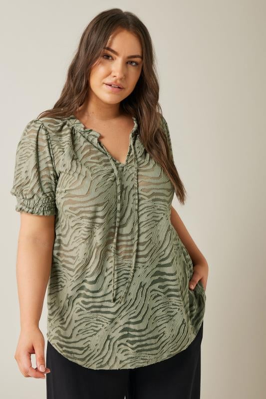 EVANS Plus Size Khaki Green Burnout Print Tie Neck Blouse | Evans 1