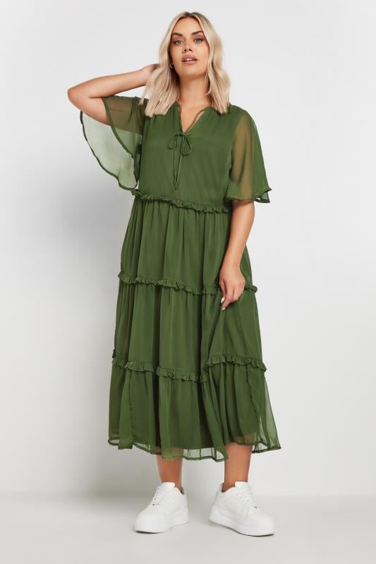  Grande Taille YOURS Curve Khaki Green Chiffon Tiered Midaxi Dress