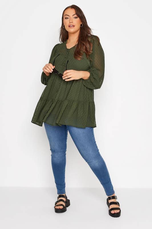 Plus Size Forest Green Dobby Chiffon Smock Shirt | Yours Clothing 2
