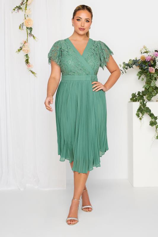 YOURS LONDON Curve Green Lace Wrap Pleated Midi Dress | Yours Clothing 2