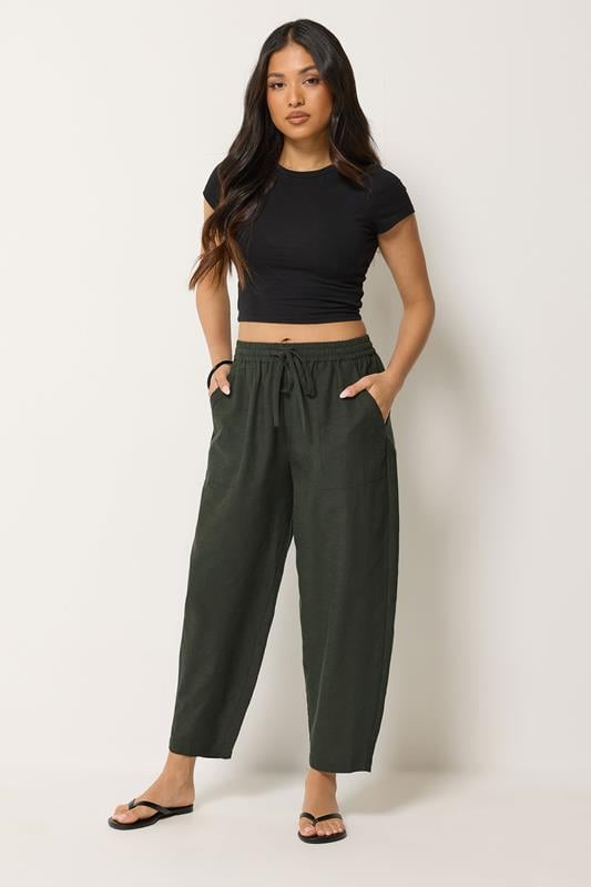  PixieGirl Petite Olive Green Linen Barrel Trousers