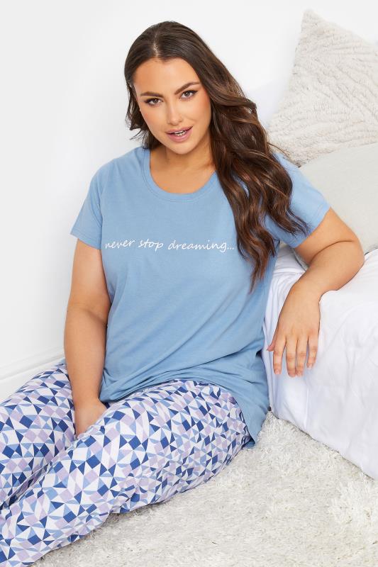 YOURS Plus Size Blue Geometric Print Cuffed Pyjama Set | Yours Clothing 4