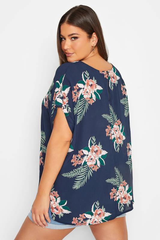 YOURS Plus Size Navy Blue Tropical Print Zip Back Oversized Top | Yours Clothing 3